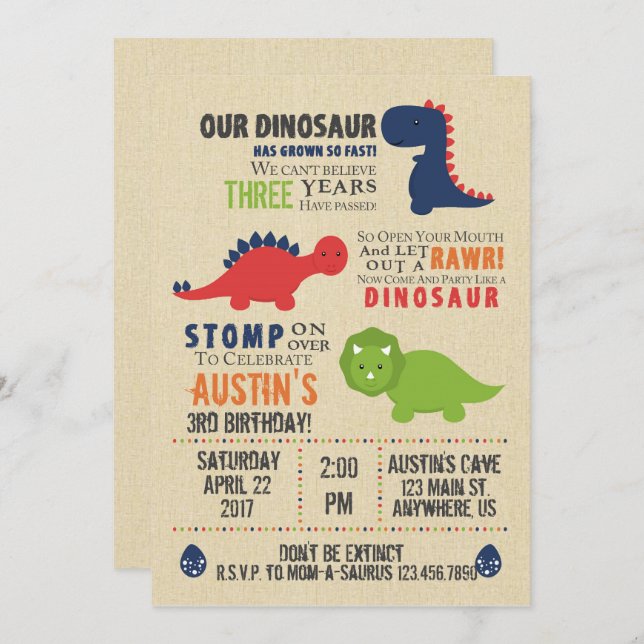 Invitations d'anniversaire de Dinosaur (Devant / Derrière)