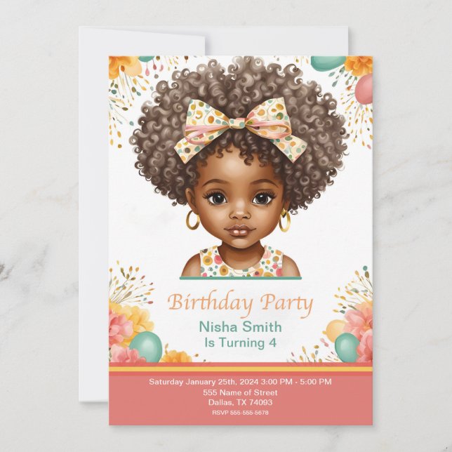 Invitations d'anniversaire de fille afro-américain (Devant)