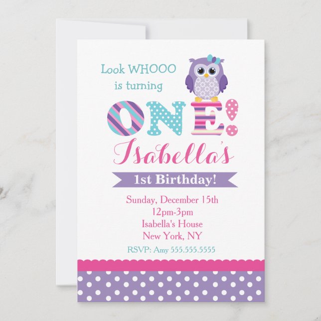 Invitations d'anniversaire de la Chouette violette (Devant)