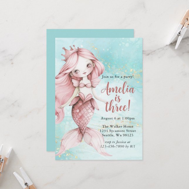 Invitations d'anniversaire de la fille Sirène (Devant/Arrière en situation)
