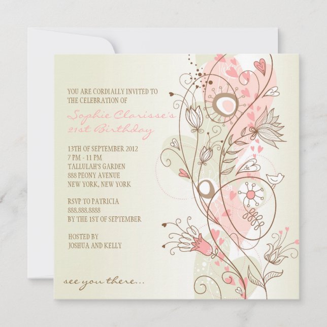 Invitations d'anniversaire de la florale rose Vint (Devant)