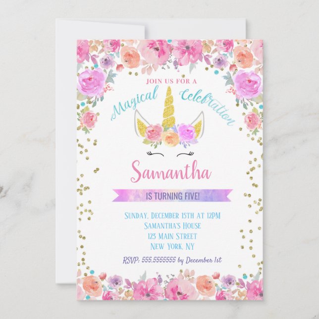Invitations d'anniversaire de la licorne (Devant)