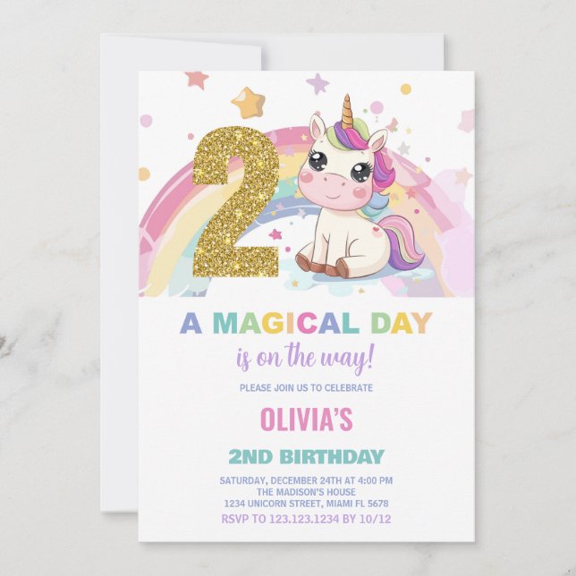 Invitations d'anniversaire de la licorne du 2e ann (Devant)
