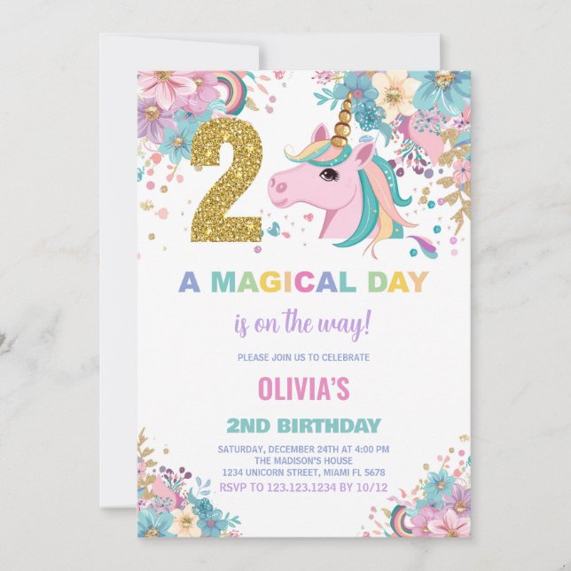 Invitations d'anniversaire de la licorne du 2e ann (Devant)