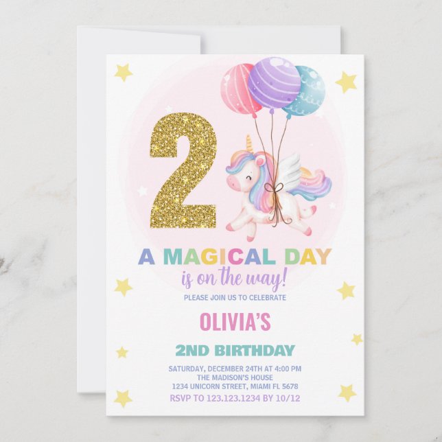 Invitations d'anniversaire de la licorne du 2e ann (Devant)