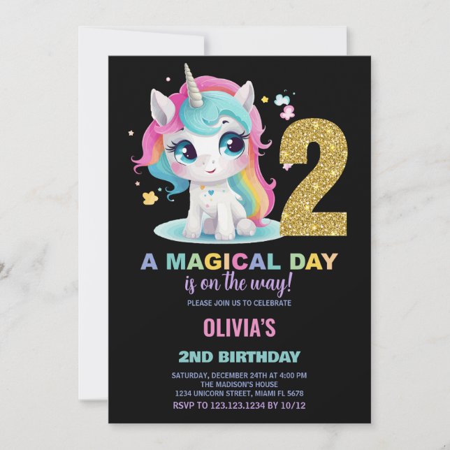 Invitations d'anniversaire de la licorne du 2e ann (Devant)