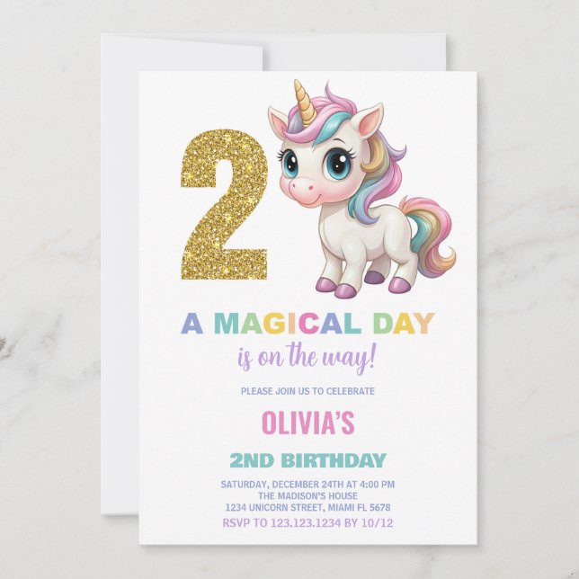 Invitations d'anniversaire de la licorne du 2e ann (Devant)