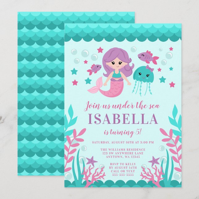 Invitations d'anniversaire de la mignonne sirène (Devant / Derrière)
