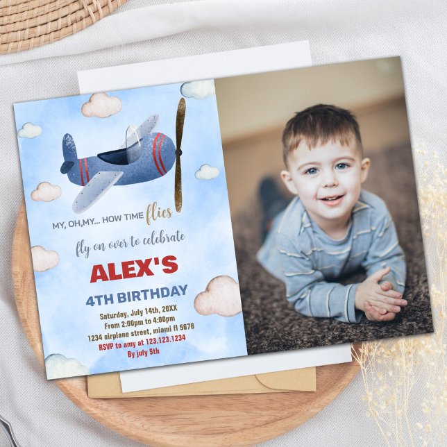 Invitations d'anniversaire de l'avion bleu rouge a (Airplane Birthday Invitations Blue Red With photo)