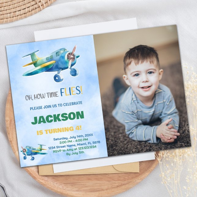 Invitations d'anniversaire de l'avion bleu vert av (Airplane Birthday Invitations Blue Green w photo)