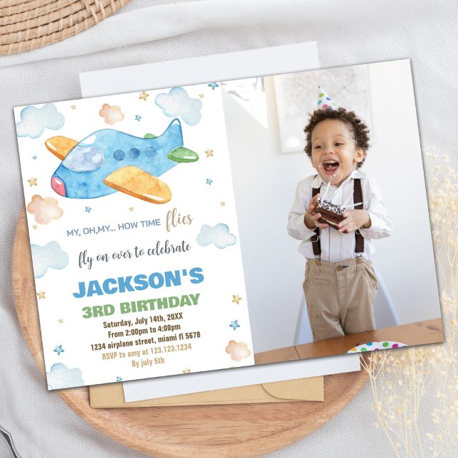 Invitations d'anniversaire de l'avion Blue Orange  (Airplane Birthday Invitations Blue Orange W Photo)