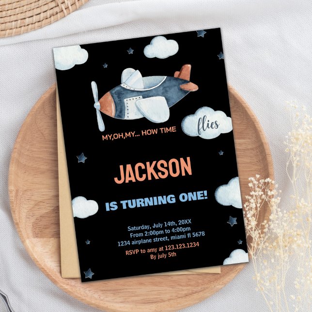 Invitations d'anniversaire de l'avion Brown Black  (Black Gray Brown Airplane Birthday Invitations)