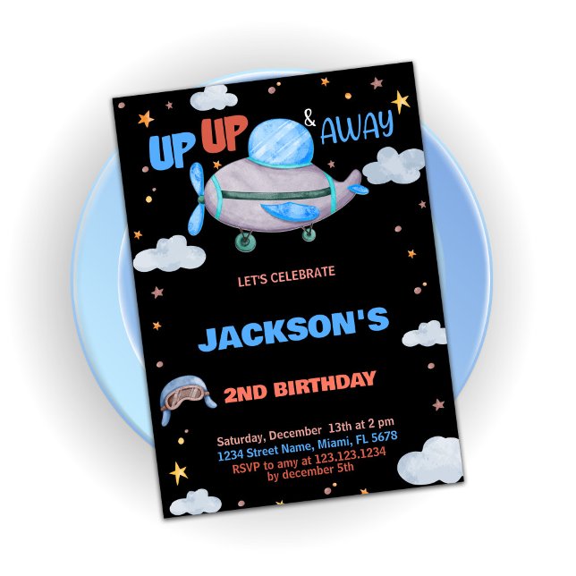 Invitations d'anniversaire de l'avion Brown bleu n (Airplane Birthday Invitations Brown Blue Black)