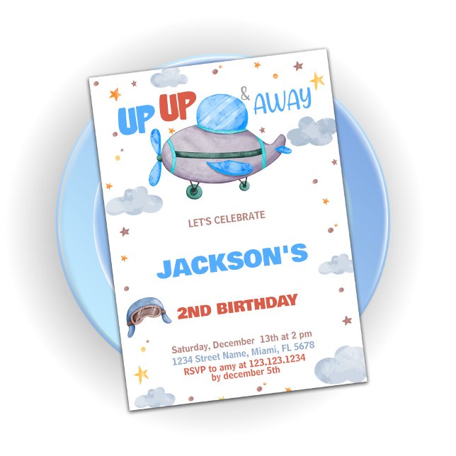 Invitations d'anniversaire de l'avion Brown bleu o (Airplane Birthday Invitations Brown Blue Orange)
