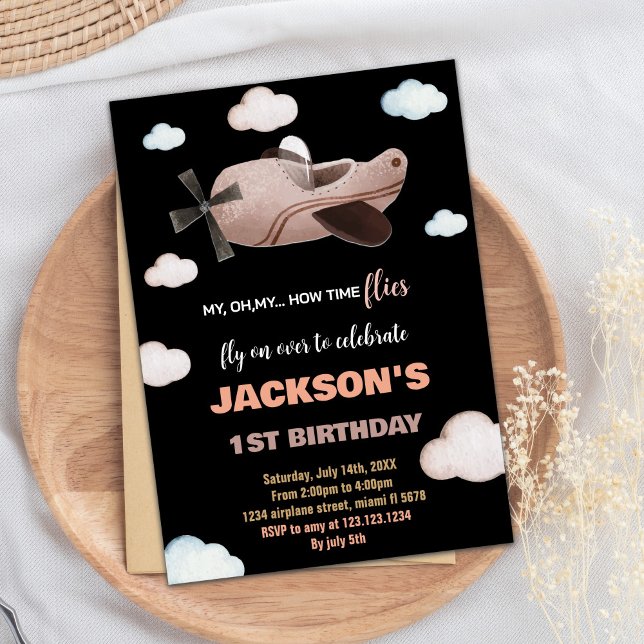 Invitations d'anniversaire de l'avion Brown noir (Black Brown Airplane Birthday Invitations)