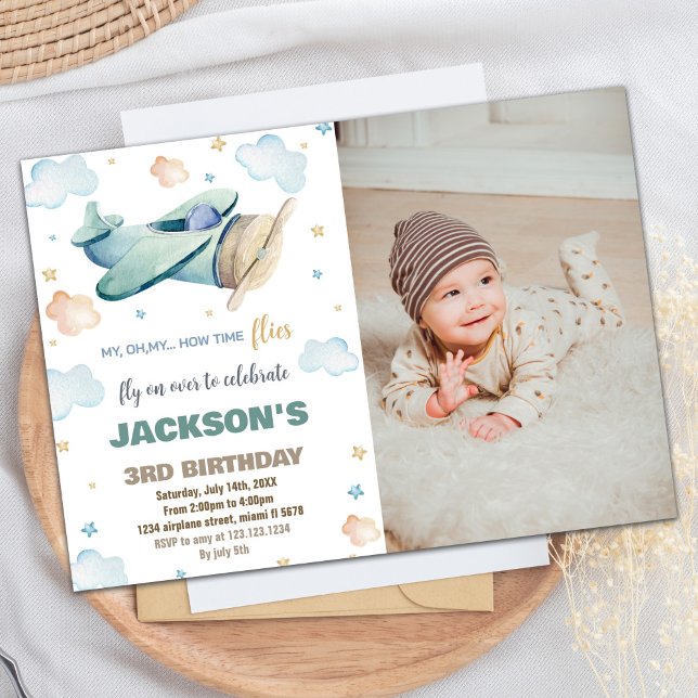 Invitations d'anniversaire de l'avion Green Brown  (Airplane Birthday Invitations Green Brown W Photo)
