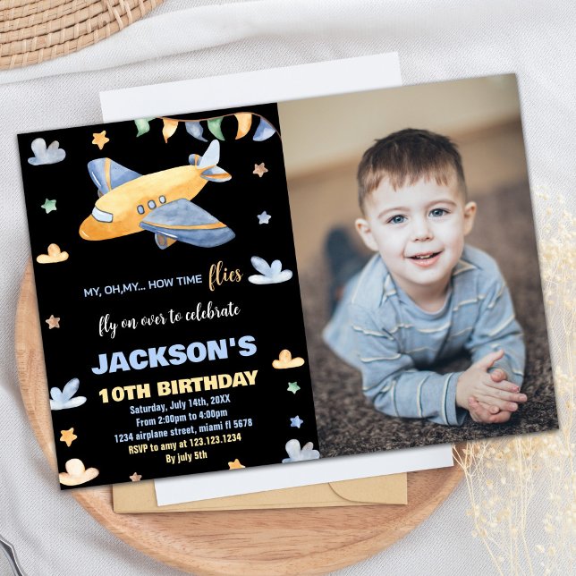 Invitations d'anniversaire de l'avion Gris Noir W  (Airplane Birthday Invitations Gray Black W Photo)