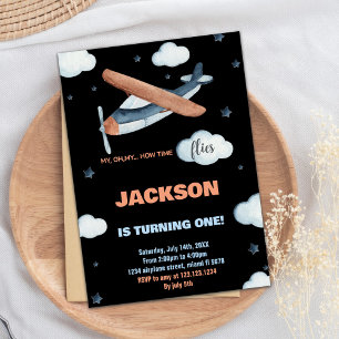 Invitations d'anniversaire de l'avion gris orange 