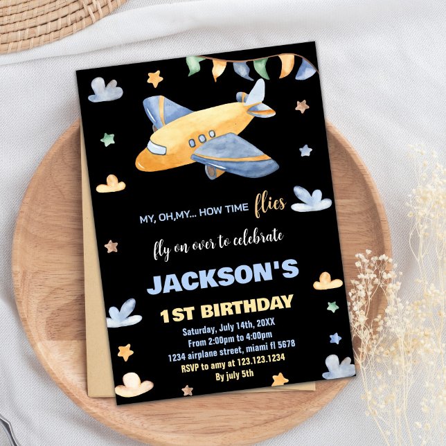Invitations d'anniversaire de l'avion Jaune Gris N (Airplane Birthday Invitations Yellow Gray Black BK)