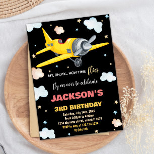 Invitations d'anniversaire de l'avion Jaune Noir B