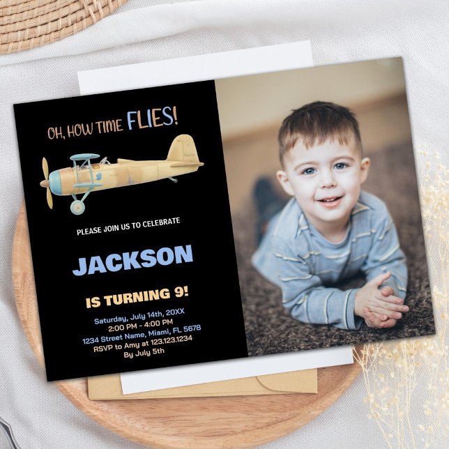 Invitations d'anniversaire de l'avion noir avec ph (Airplane Birthday Invitations Black with photo)