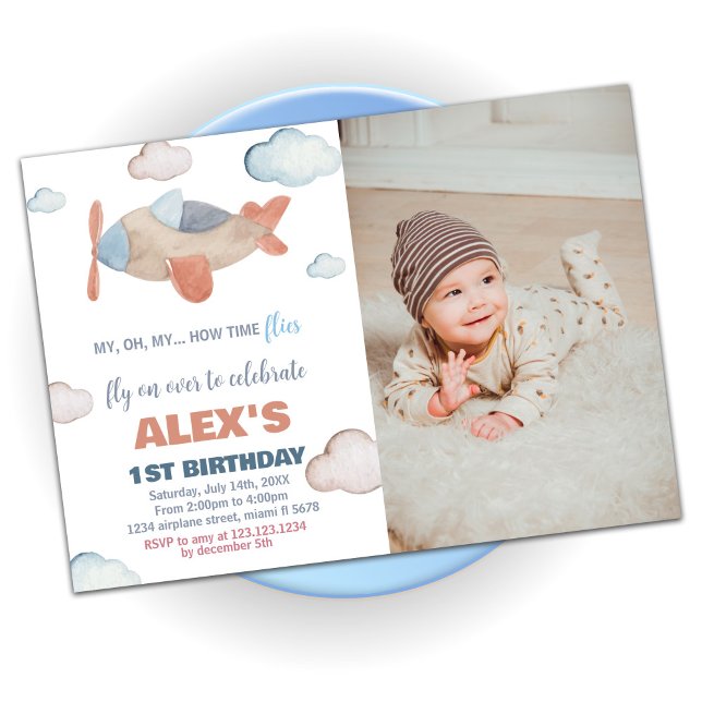 Invitations d'anniversaire de l'avion Orange avec  (Airplane Birthday Invitations Orange with photo)