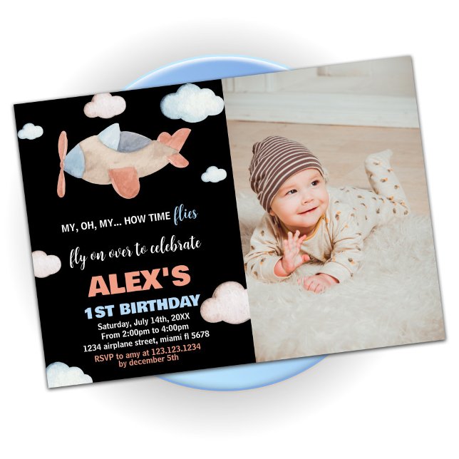 Invitations d'anniversaire de l'avion Orange Noir  (Airplane Birthday Invitations Orange Black w Photo)