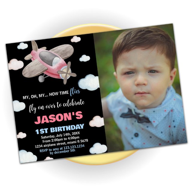 Invitations d'anniversaire de l'avion rouge avec p (Airplane Birthday Invitations Red with photo)