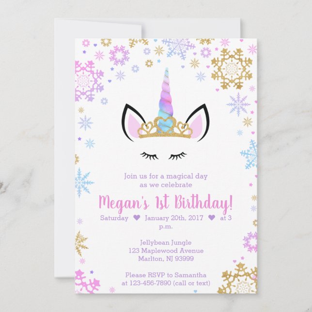 Invitations d'anniversaire de l'Unicorne d'hiver (Devant)