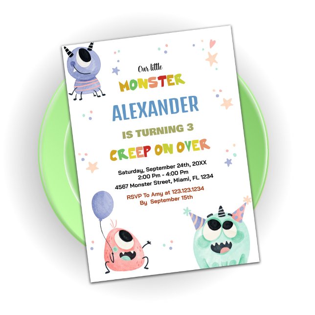 Invitations d'anniversaire de Monster Green Orange (Monster Birthday Invitations Green Orange Star)