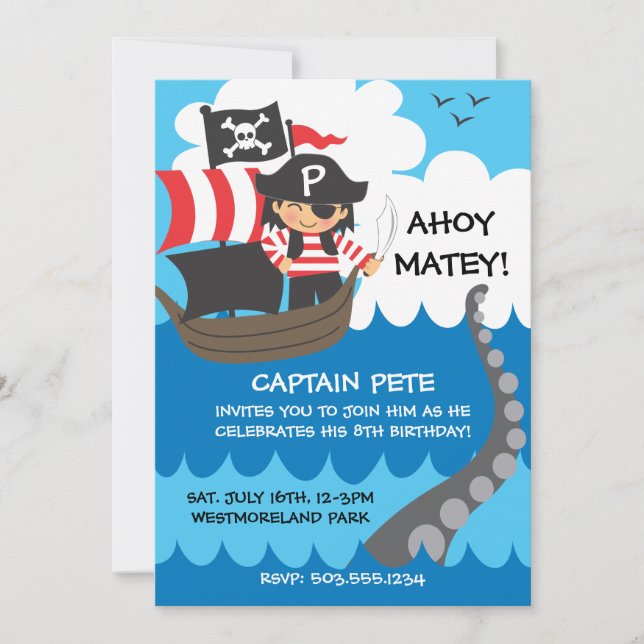 Invitations d'anniversaire d'enfant de pirate (Devant)