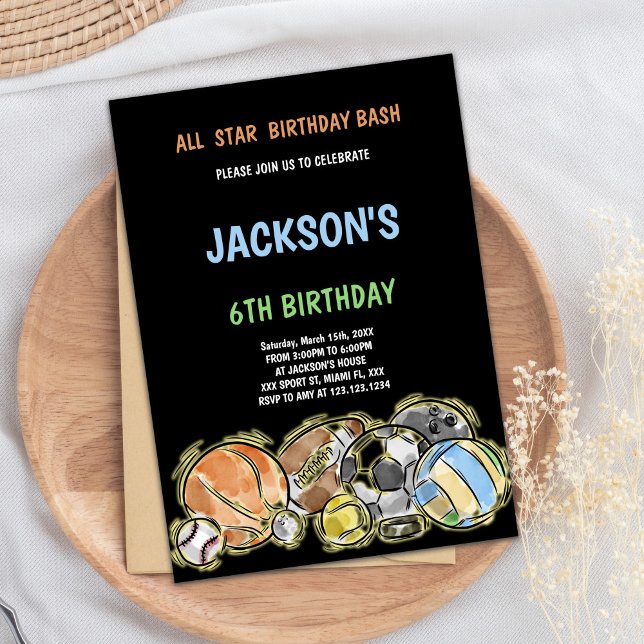 Invitations d'anniversaire des sports noirs (Black Sports Birthday Invitations)