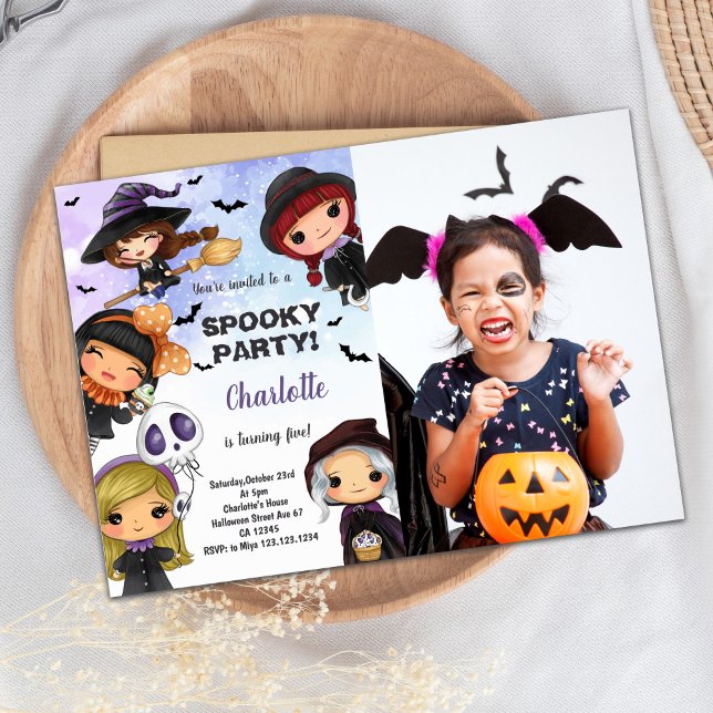 Invitations d'anniversaire d'Halloween avec photo (Girls Halloween Birthday Invitations with Photo)