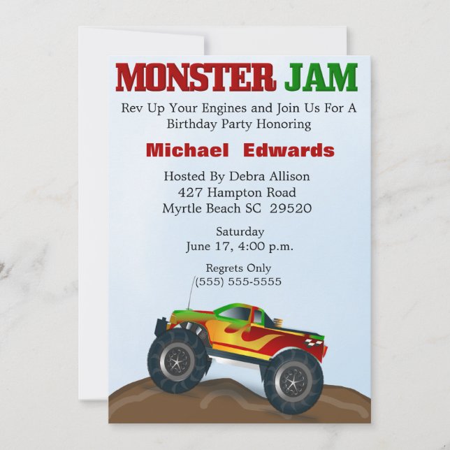 Invitations d'anniversaire du camion Monster (Devant)