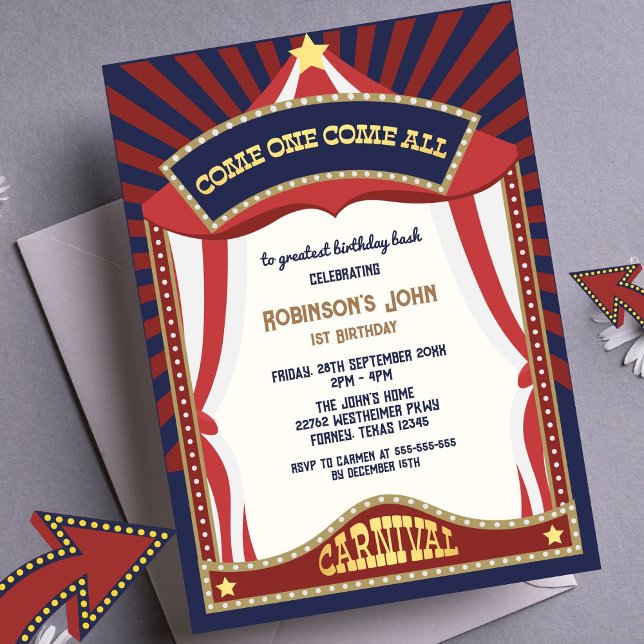Invitations d'anniversaire du Carnaval bleu et rou (Créateur téléchargé)