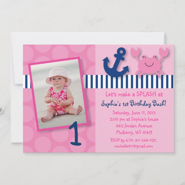 Invitations d'anniversaire du crabe rose marine (Devant)