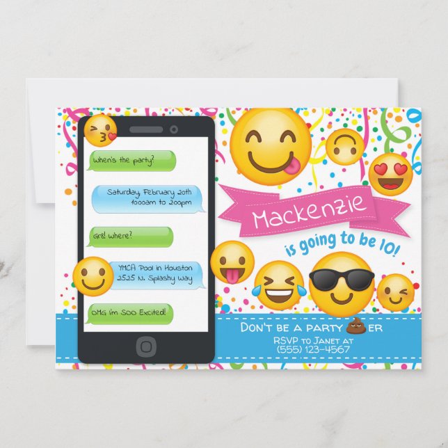 Invitations d'anniversaire du parti Emoji Confetti (Devant)