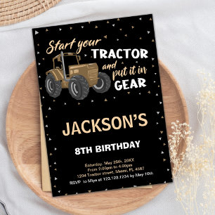 Invitations d'anniversaire du tracteur Brown noir