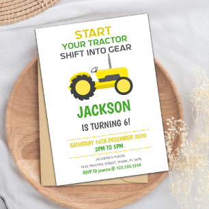 Invitations d'anniversaire du tracteur jaune blanc