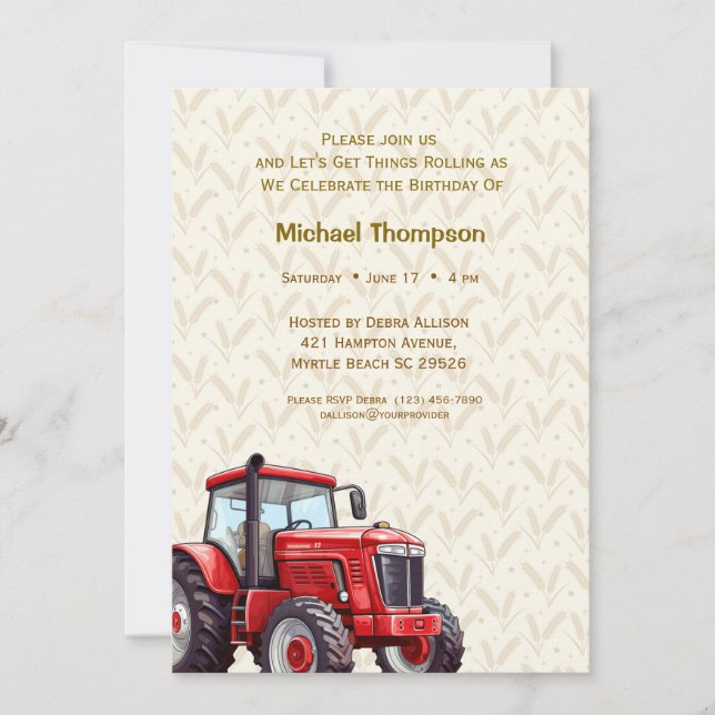 Invitations d'anniversaire du tracteur rouge (Devant)