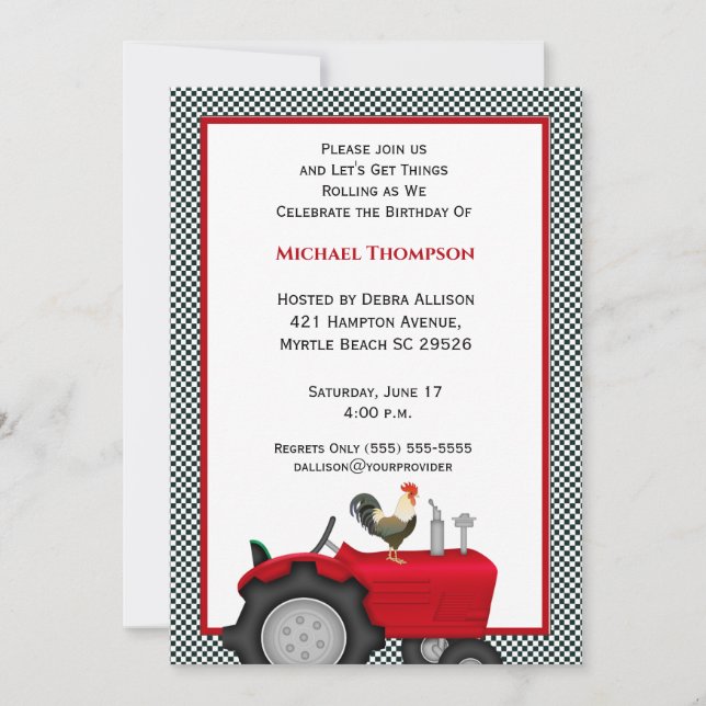 Invitations d'anniversaire du tracteur rouge (Devant)