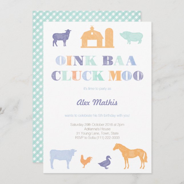 invitations d'anniversaire garçon, fête de la ferm (Devant / Derrière)