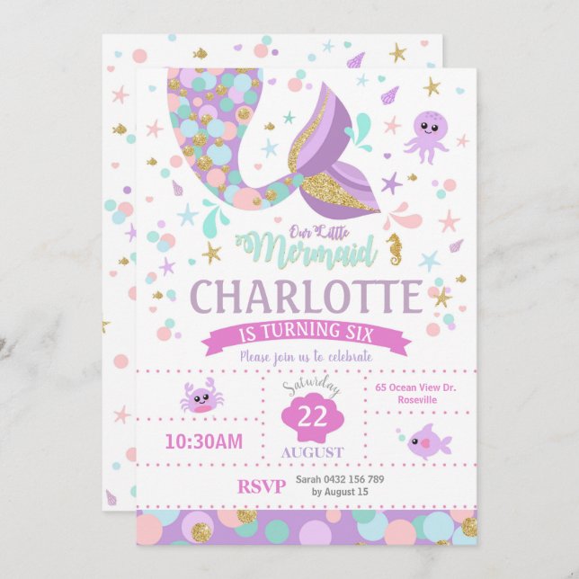 Invitations d'anniversaire Mermaid (Devant / Derrière)