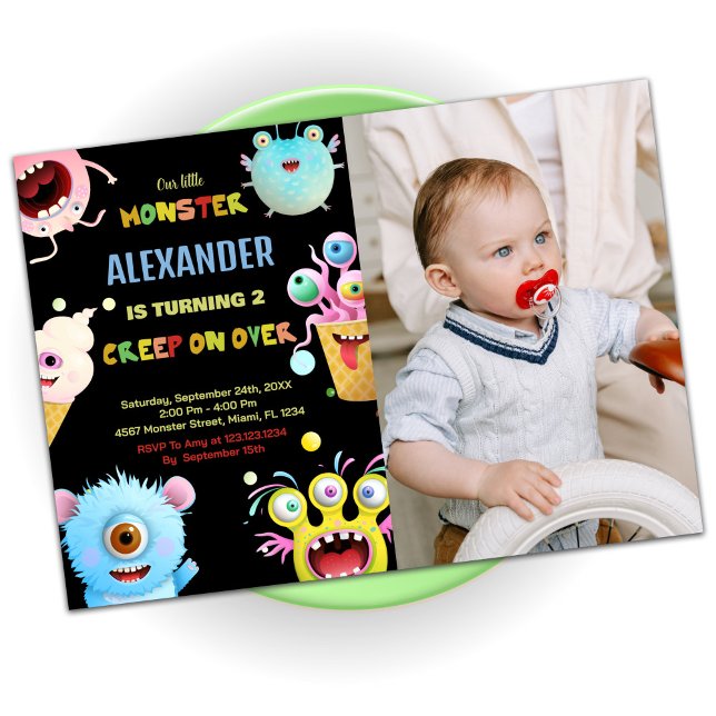 Invitations d'anniversaire Monster Black avec phot (Monster Birthday Invitations Black with photo)