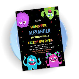 Invitations d'anniversaire Monster Green Black