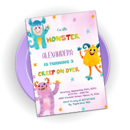 Invitations d'anniversaire Monster rose violet