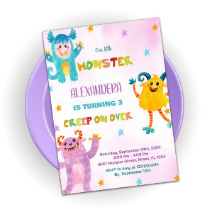 Invitations d'anniversaire Monster rose violet