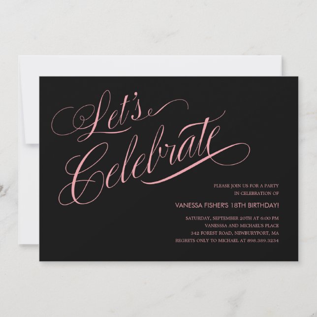 Invitations d'anniversaire noires et roses (Devant)