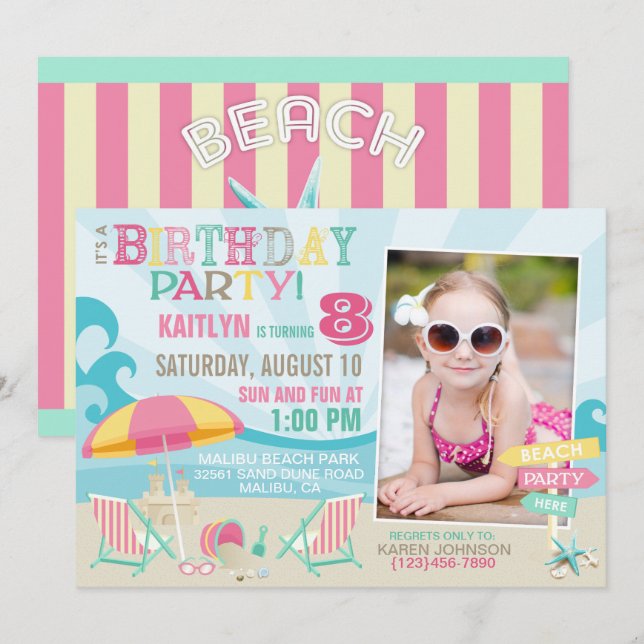 Invitations d'anniversaire pour les fêtes de plage (Devant / Derrière)
