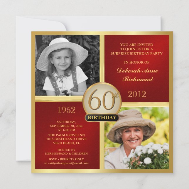 Invitations d'anniversaire Red Gold, puis maintena (Devant)
